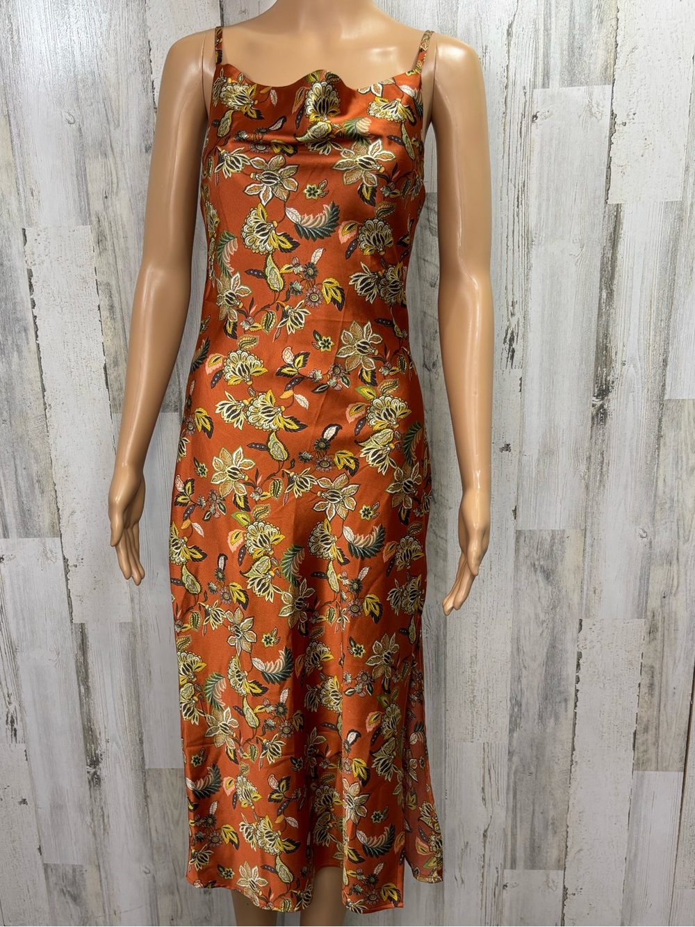 Inspired Hearts Rust Floral Satin Midi Slip Dress